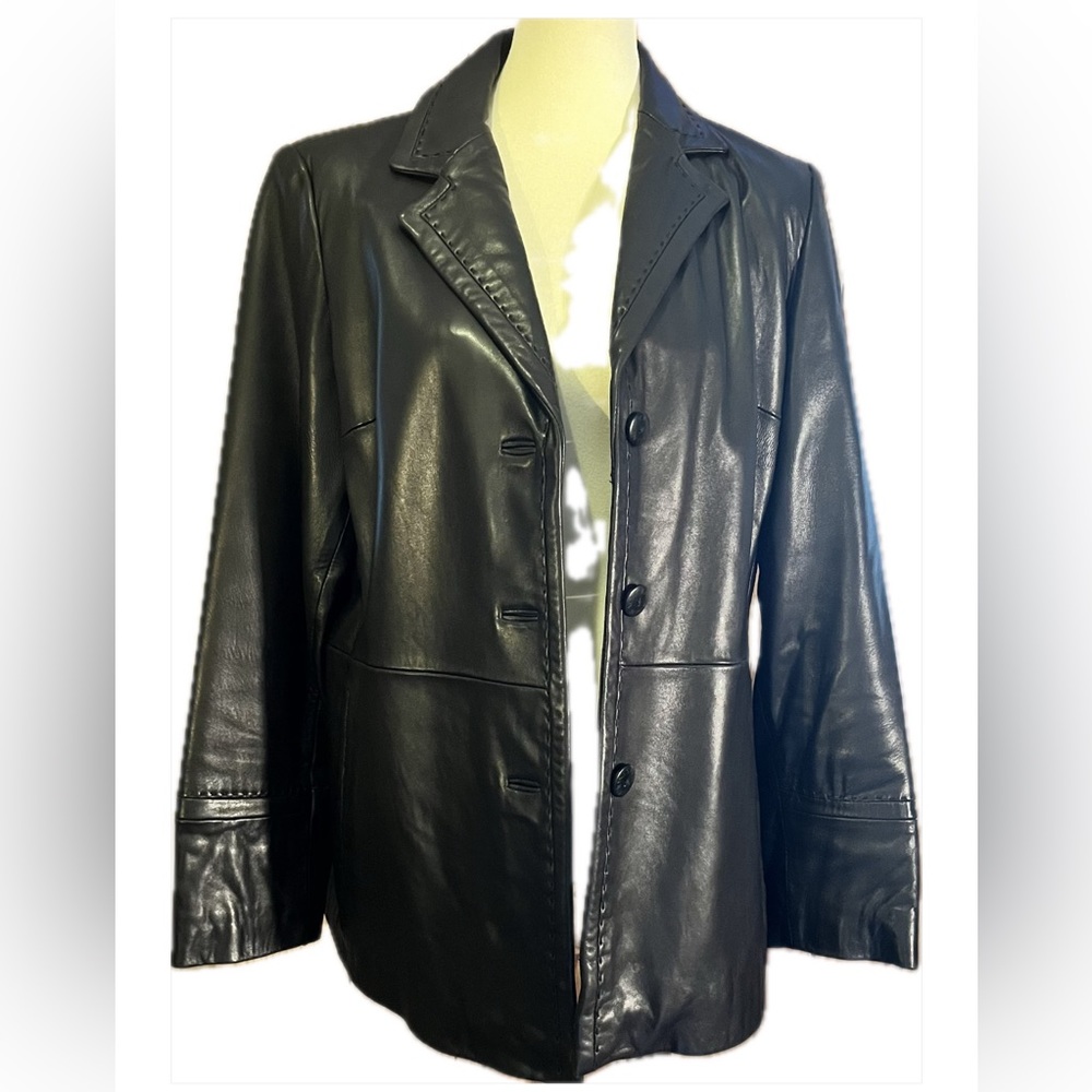 Jones New York black leather jacket, top stitched, lined, size L